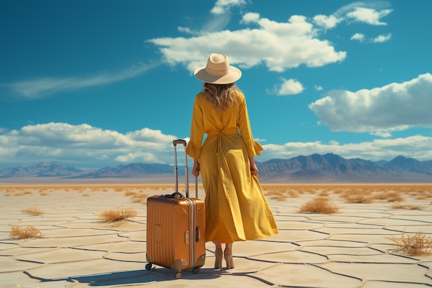 female traveler with yellow suitcase