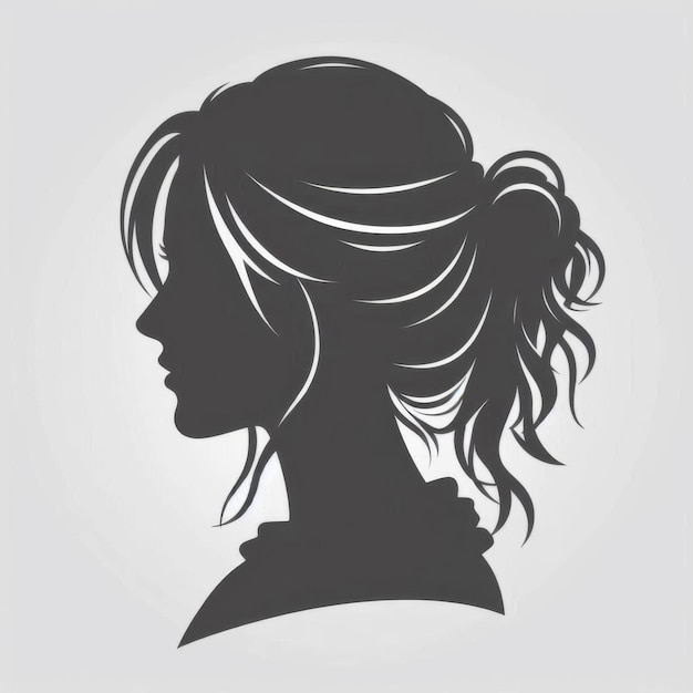 Female user icon with detailed hair silhouette isolated on light gray background