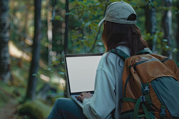 Photo female using notebook laptop while taking a vacation at the natural campground