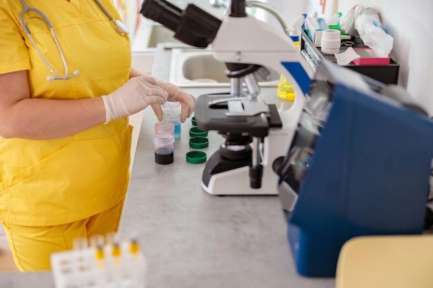 Female vet examining biological samples in animal clinic