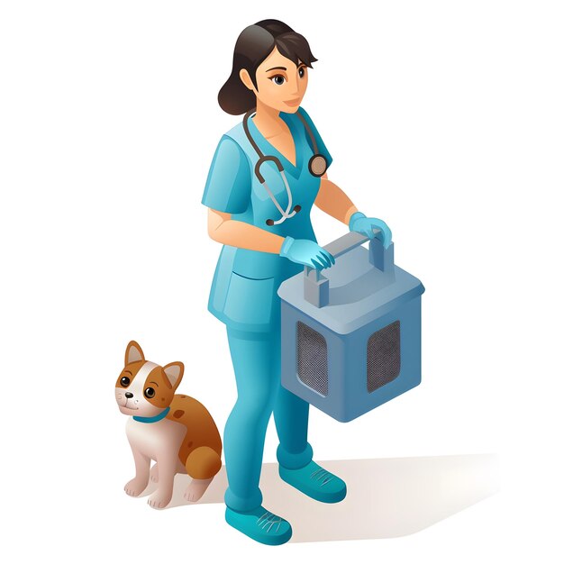 Photo female veterinarian in a blue uniform holding a pet carrier isolated on white background isometry