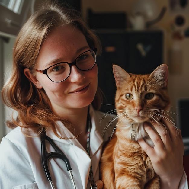 Female veterinarian holding a ginger cat both looking at the camera in a veterinary clinic setting