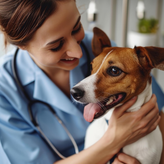 Female Veterinarian Petting a Healthy Cute Dog