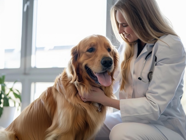 A female veterinarian in a white coat smiling while examining a happy Golden Retriever in a bright v