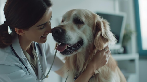 A female veterinarian in a white coat smiling while examining a happy Golden Retriever in a bright v