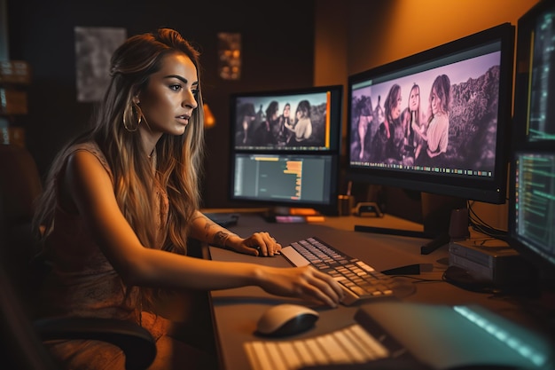 Female videographer editing a video project Using postproduction software running at a digital multimedia company with two monitors Retoucher Processing Audio Movie Editing on PC