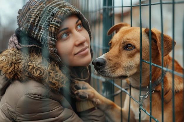 Photo female volunteer with homeless dog at animal shelter outdoors