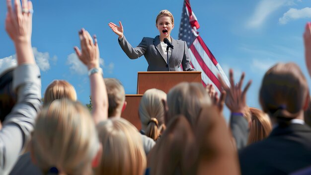 Photo a female voter running for election is addressing her supporters from a pulpit