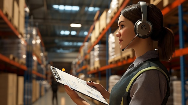 Female Warehouse Worker Wearing Headset and Guiding Operations