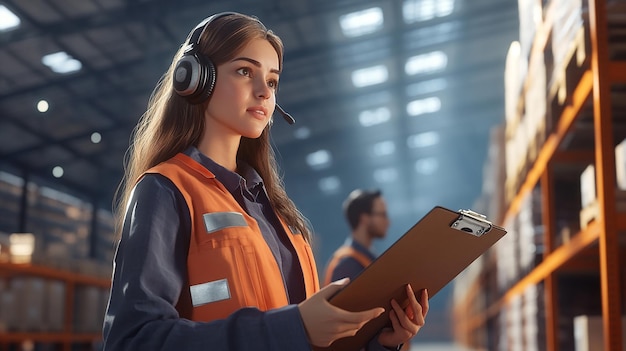 Female Warehouse Worker Wearing Headset and Guiding Operations