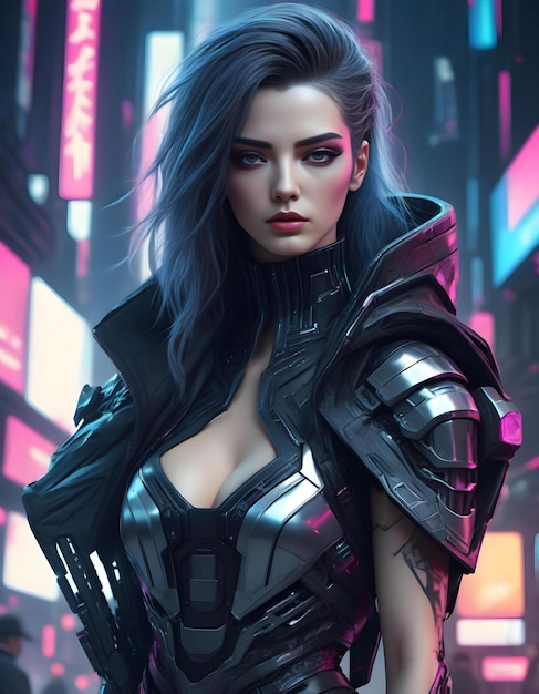 A female warrior in a futuristic setting with neon lights