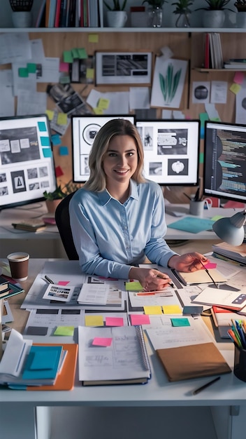 Female web designer with papers and notes in the office