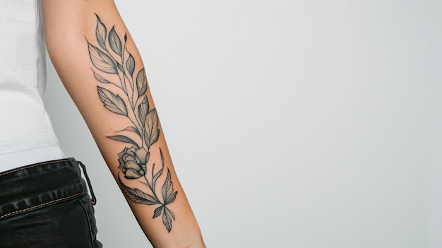 Female with botanical tattoo on forearm white background