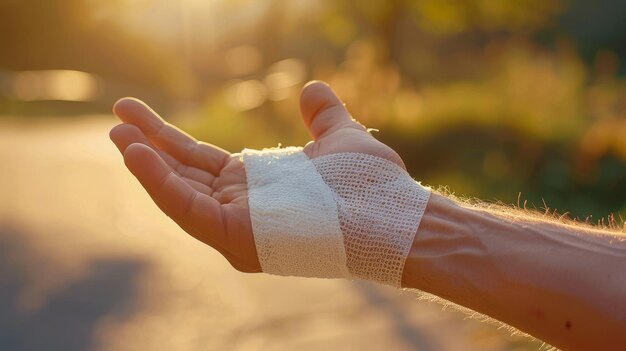 Photo female with gauze bandage wrapped around her hand for protection and healing an injury