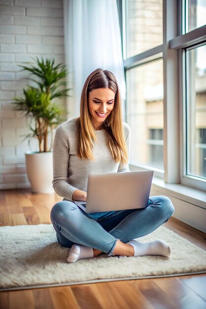 Female with laptop sitting on the floor and working on laptop