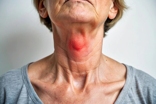 Photo female with swollen thyroid gland neck