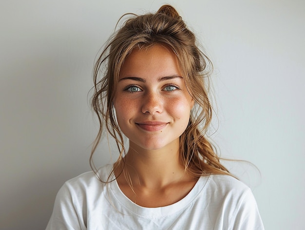 Photo female woman in white tshirt facing camera clean white background copy space brown hair