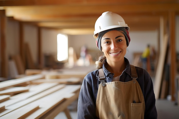 female wood craft worker wearing helmet cunstruction site background