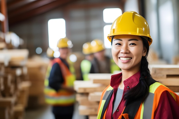 female wood craft worker wearing helmet cunstruction site background