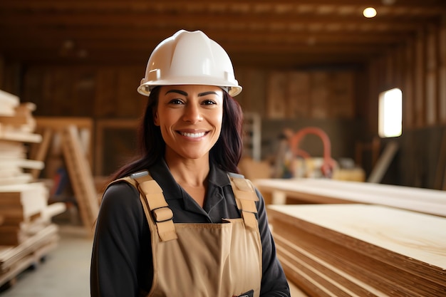 female wood craft worker wearing helmet cunstruction site background