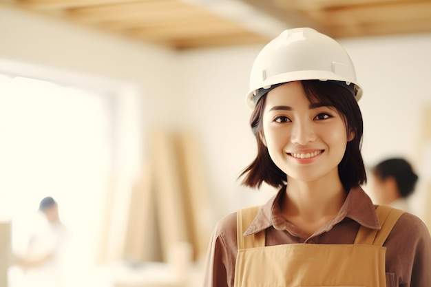 female wood craft worker wearing helmet cunstruction site background