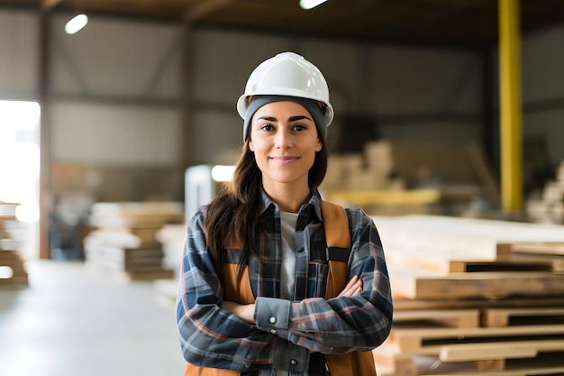 female wood craft worker wearing helmet cunstruction site background