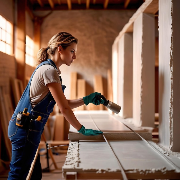 Female worker construction engineer DIY at home renovation plaster panel installation