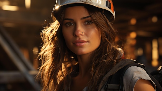 Female worker in construction helmet. Generative Ai