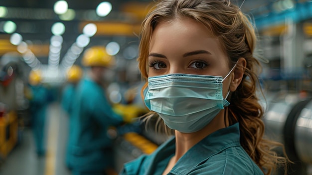 Female Worker in a Factory Setting Wearing a Protective Mask