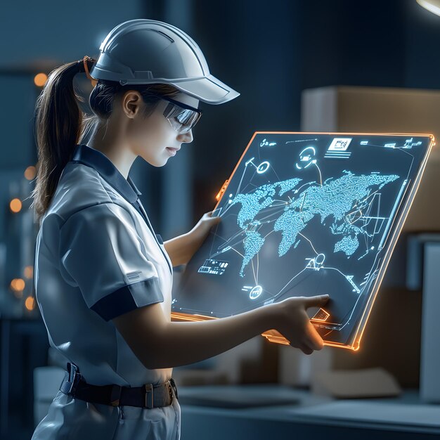 a female worker holding a map of the world on her shoulder