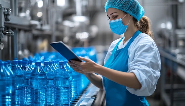 Photo female worker inspecting conveyor belt at water production plant