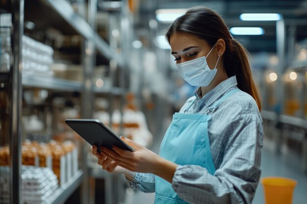 Female worker in mask inspecting food factory with tablet