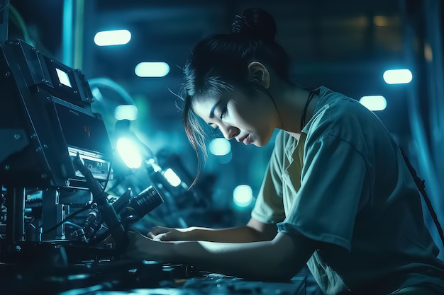 A female worker operates a lathe for drilling components at a metal lathe factory