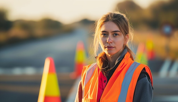 female worker at road construction