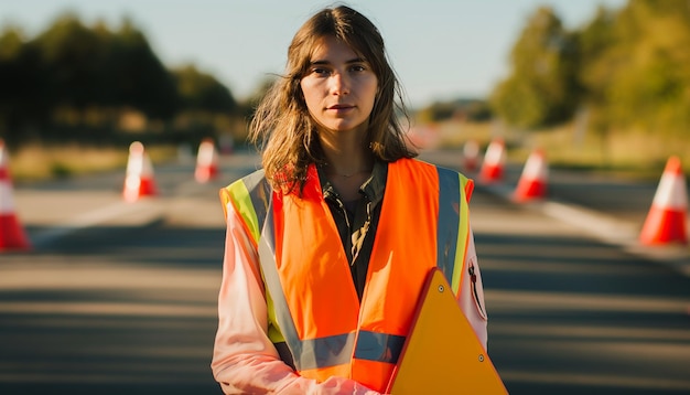 female worker at road construction