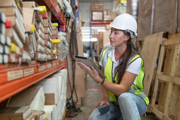 Female worker use tablet and scanner barcode checking old products spare parts on shelf in warehouse