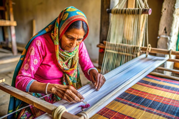 female worker using a foot treadle on a loom