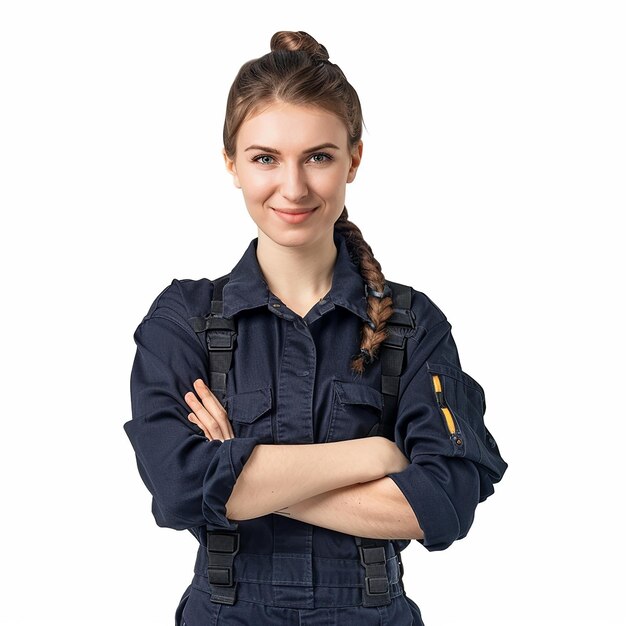 female worker wearing dark blue color kit isolated on a white background