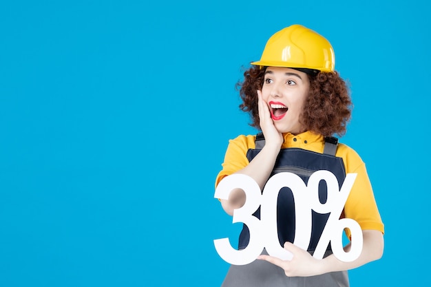 Female worker in yellow uniform on blue