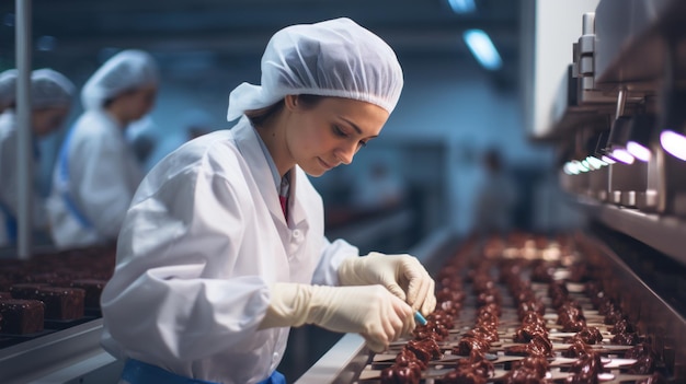 Photo female workers control the quality of desserts modern food industry storage chocolate factory