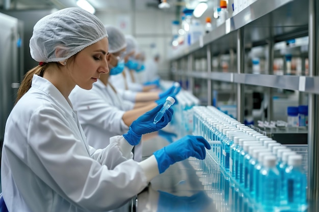 Female workers in modern laboratory for cosmetics pharmaceutical company vaccine production