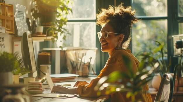 Female working in a smart home office with a modern desk setup