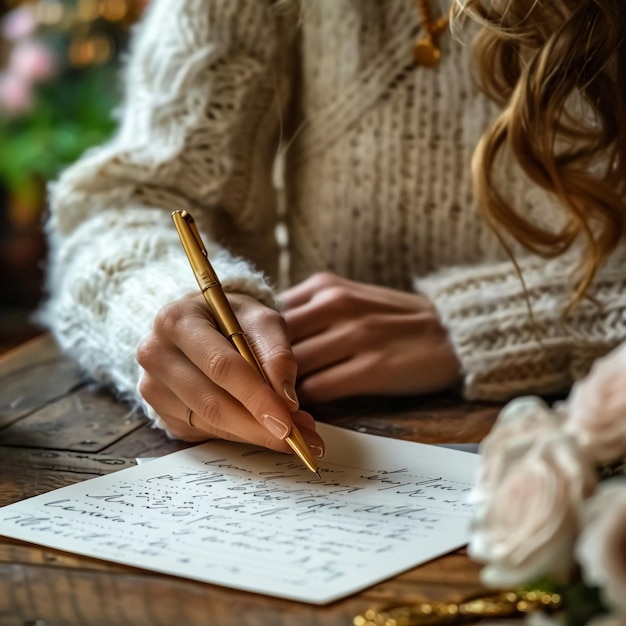 A female writing a text in a notebook