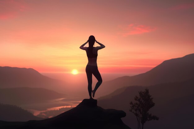 Female in yoga pose against a sunset landscape generative ai