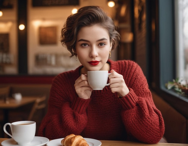 Female young looking a camera With Laptop in a Coffe Shop