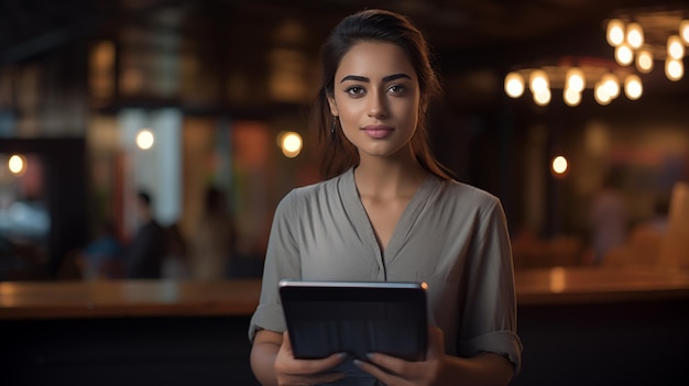 Female young woman waitress or restaurant owner with a slight smile holding a tablet eyes on camera