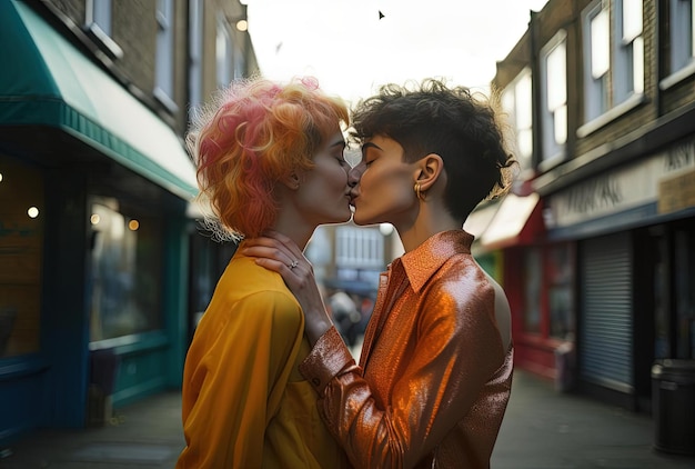 Photo females holding each others hands while kissing at the street in the style of queer academia