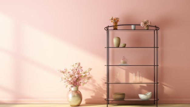 Photo feminine black shelving unit with cherry blossom vases