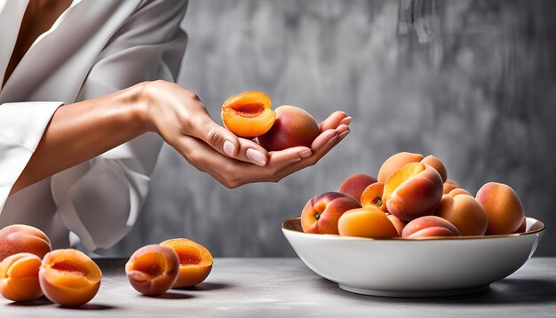 Photo feminine hands cook holding tasty fresh fruits apricots