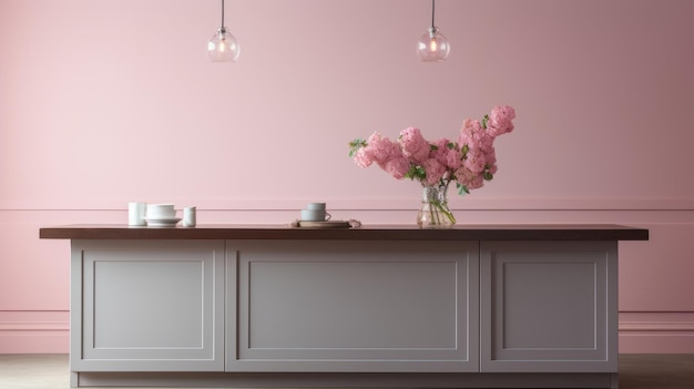 Feminine Kitchen Island With Pink Walls And Silhouette Lighting